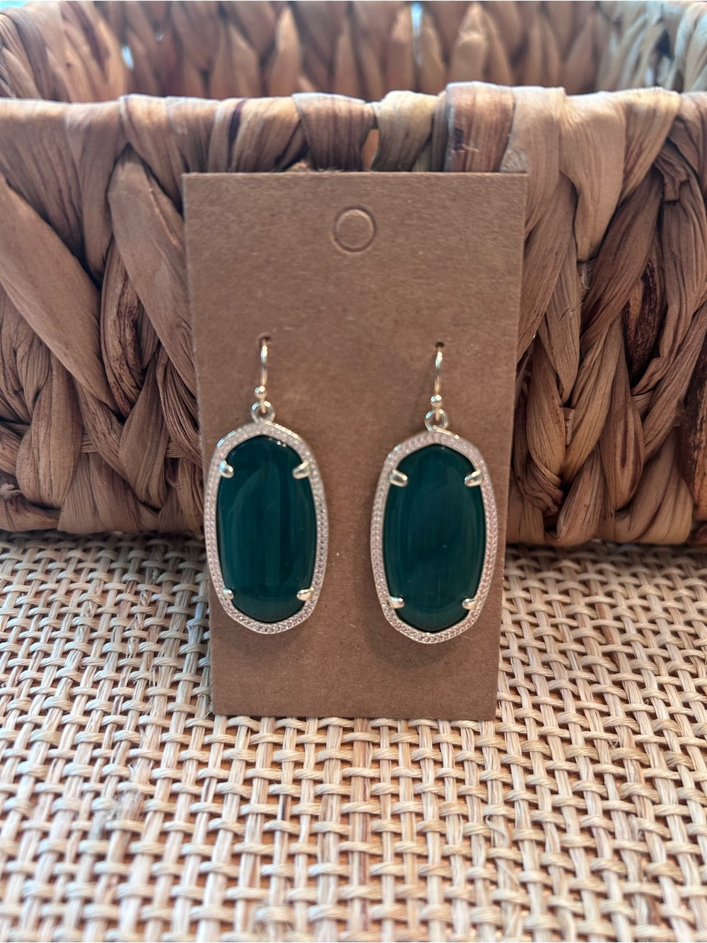Kendra Scott Emerald Green & Gold Tone Drop Wire Earrings.
